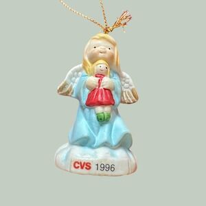 Vintage 1996 CVS Angel with Doll Ceramic Christmas Ornament Blue Red Gold Wings